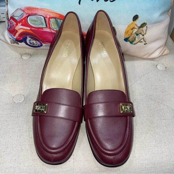 Michael Kors NWOB! Leather Merlot Burgundy  Padma Mid Loafer Pumps Block Heel - Picture 6 of 14